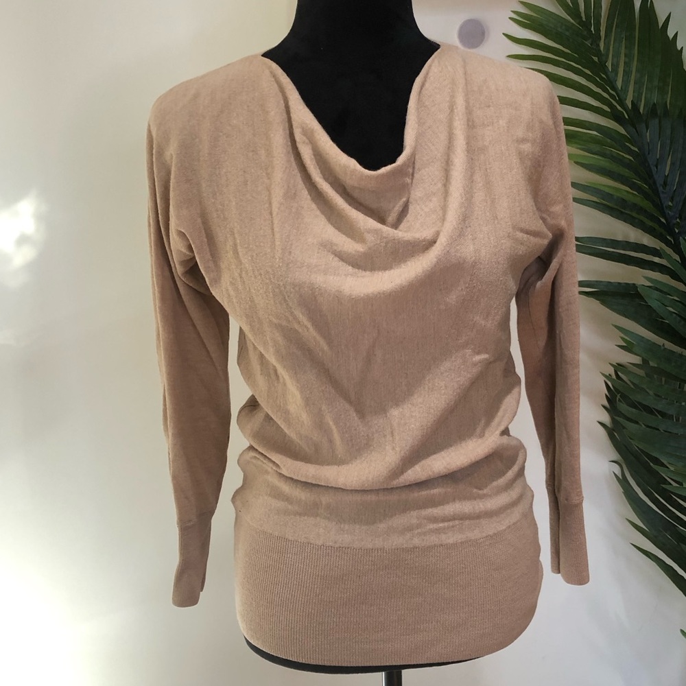 Talbots 100% Pure Merino Wool Tan Draped Front Neckline Sweater Small